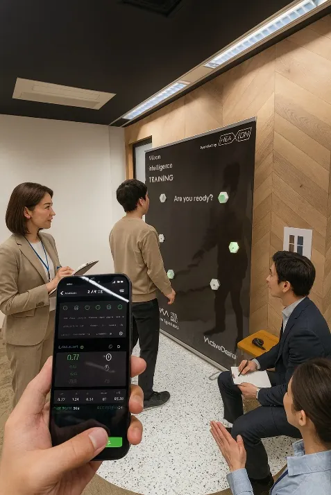 オフィス会議室で REAXION のデモを行うシーン。スマートフォンに反応速度の測定結果がリアルタイム表示されている。